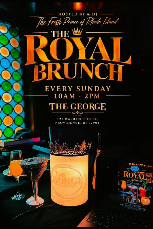 Promotional poster for "The Royal Brunch" at The George, featuring drinks and event details.