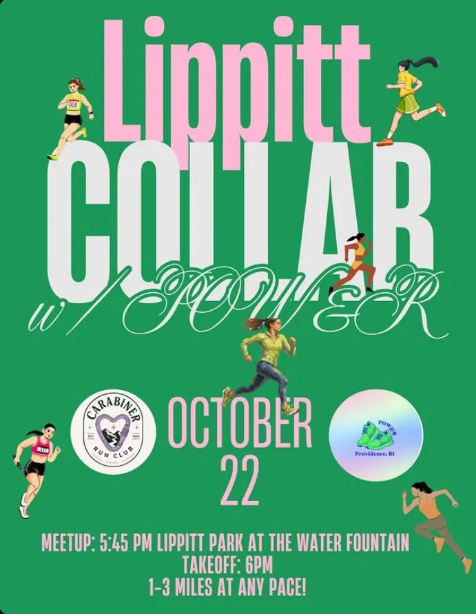 Event flyer for a running meetup at Lippitt Park on October 22, featuring diverse runners and details about the event.