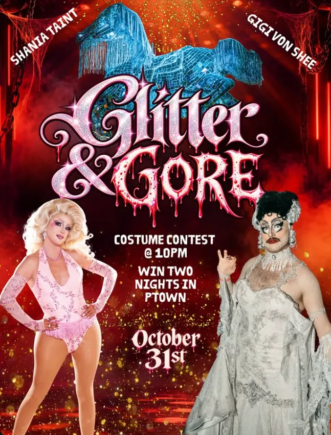 Two drag performers pose in glamorous costumes for a Halloween event titled "Glitter & Gore.