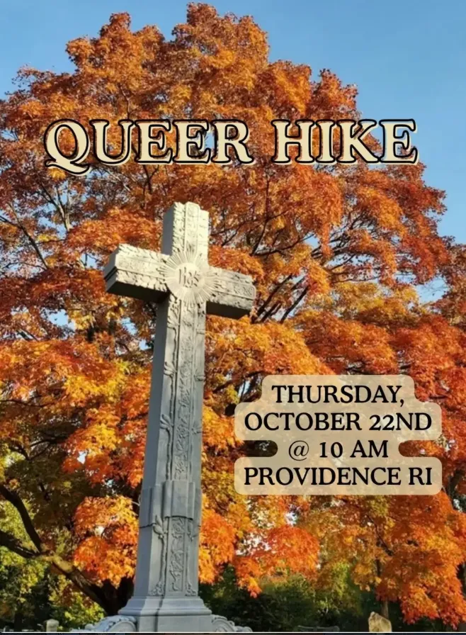 A stone cross stands in front of vibrant autumn trees, promoting a Queer Hike event in Providence, RI.