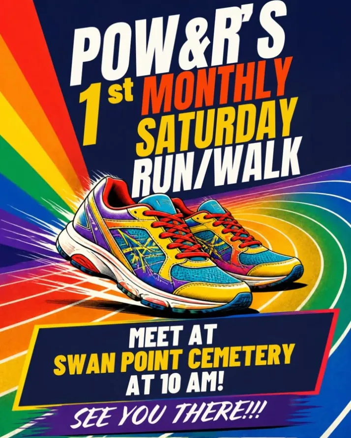 Colorful running shoes with event details for a monthly run/walk at Swan Point Cemetery.