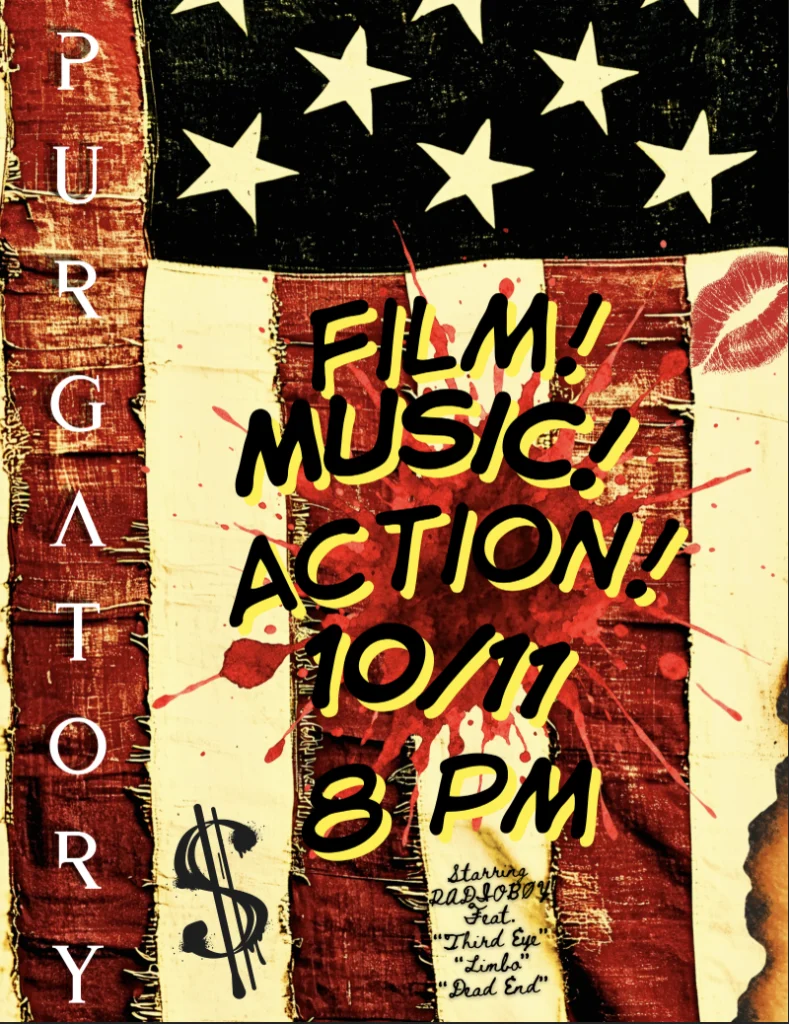 Promotional poster for an event featuring film, music, and action on 10/11 at 8 PM.