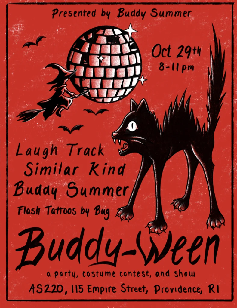 Event poster for "Buddy-Ween" featuring a black cat, disco ball, and Halloween-themed details. Date and location included.