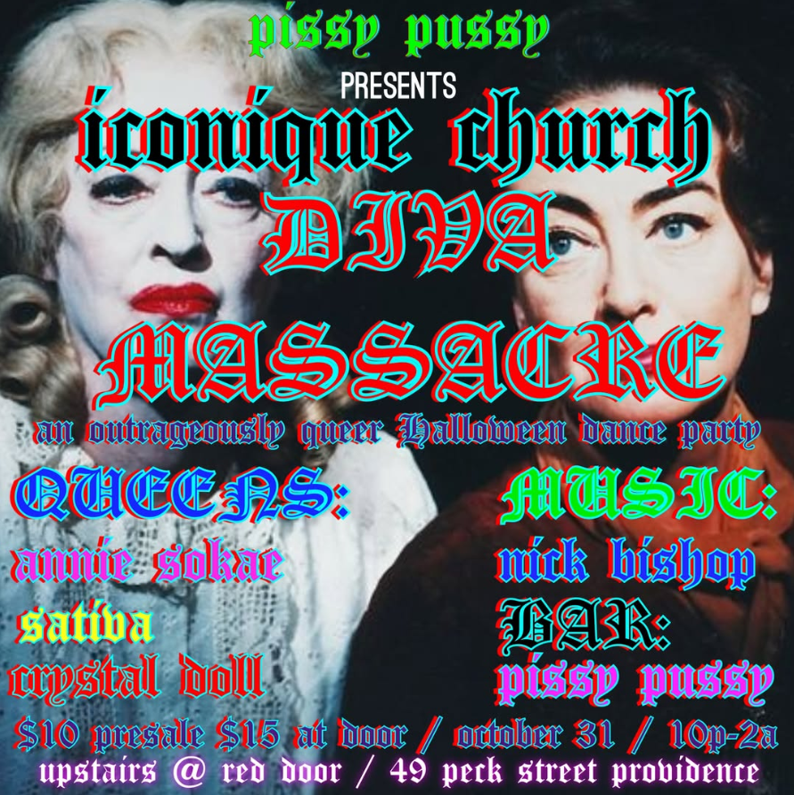 Poster for a Halloween dance party featuring performers and event details. Text highlights queens, music, and venue.