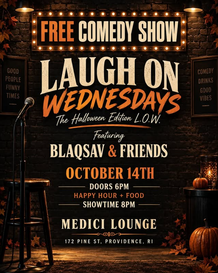 Promotional poster for a free comedy show featuring BLAQSAV and friends on October 14th at Medici Lounge.
