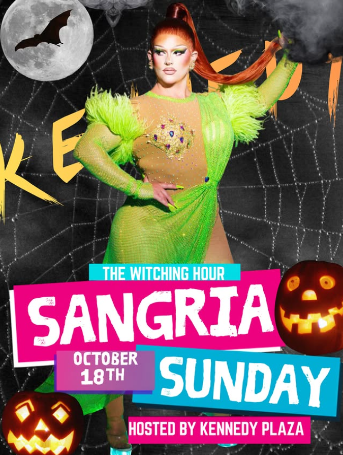 A performer in a vibrant costume poses against a Halloween-themed background, promoting a Sangria event.