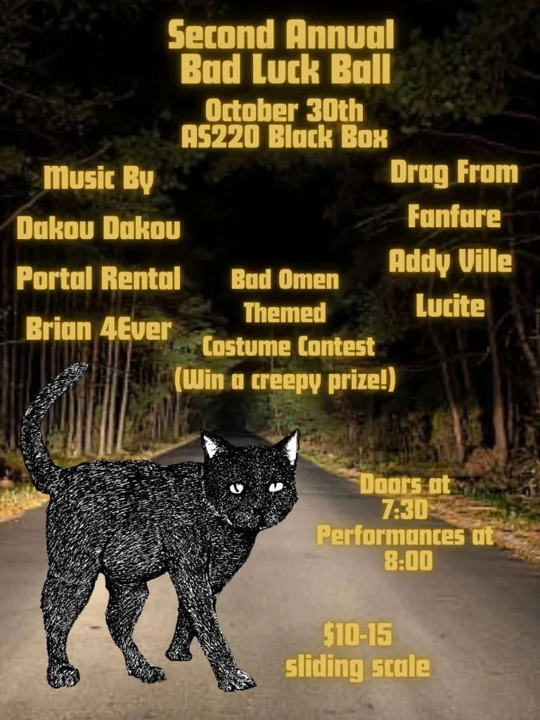 Promotional poster for the Second Annual Bad Luck Ball featuring a black cat, event details, and music lineup.