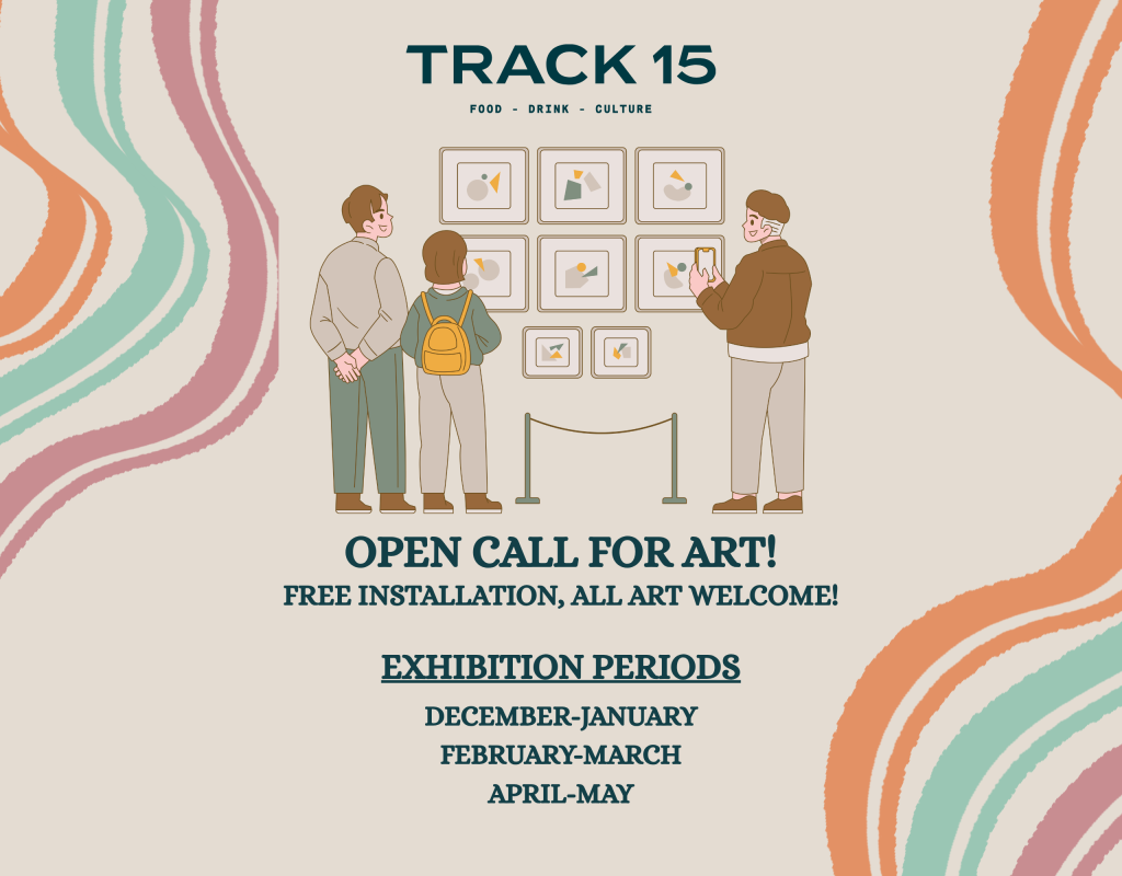 Two people observe artwork on a gallery wall, discussing an open call for art. Exhibition periods listed below.