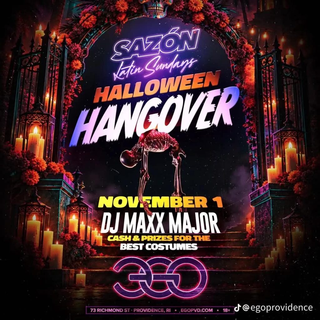 Promotional poster for a Halloween event featuring a skeleton, candles, and details about DJ Maxx Major.