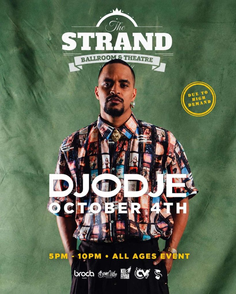 A man in a colorful shirt stands confidently, promoting an event at The Strand on October 4th.