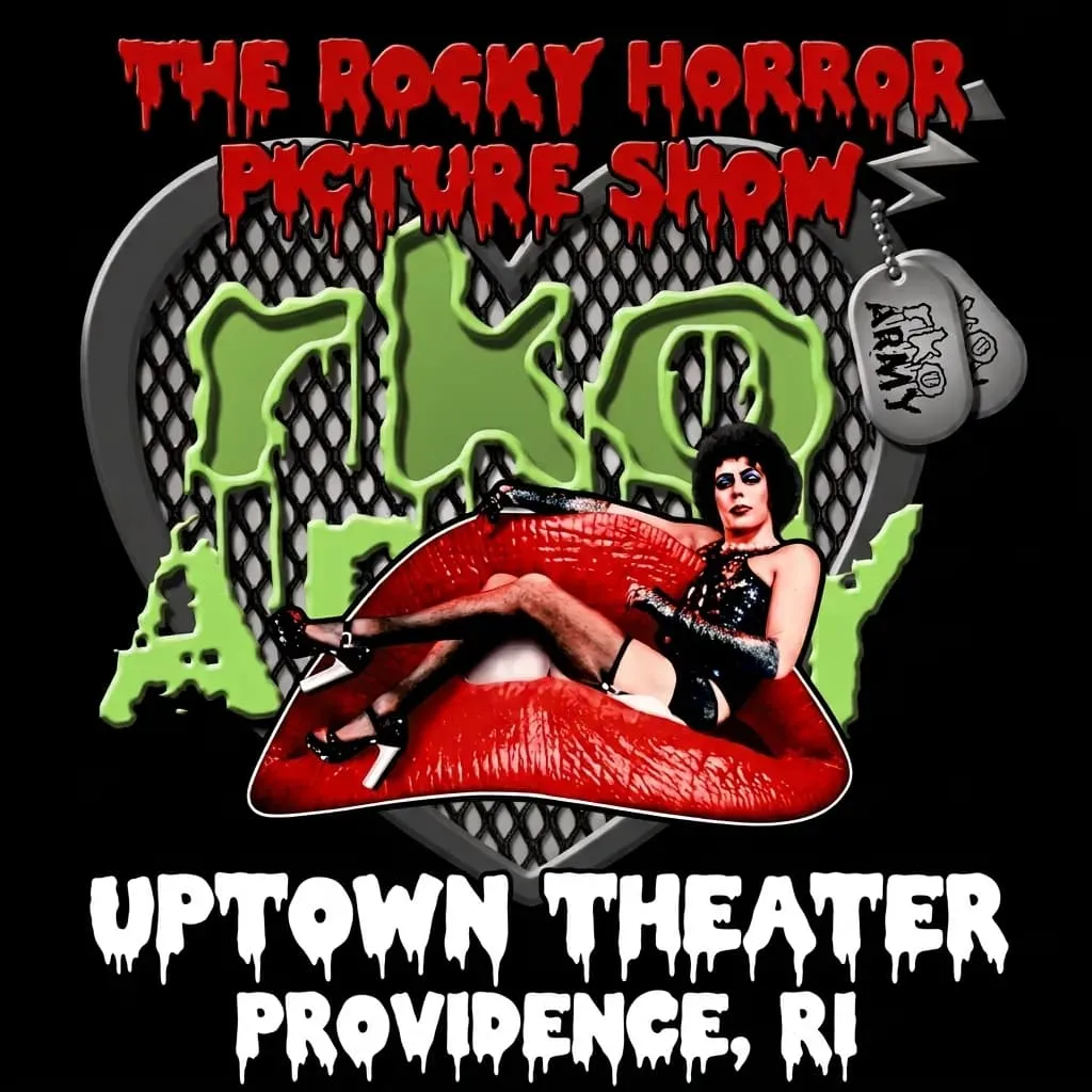 Promotional poster for "The Rocky Horror Picture Show" at Uptown Theater, featuring a performer in costume.