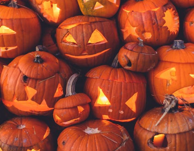 A pile of carved pumpkins with glowing faces, showcasing various expressions for Halloween.
