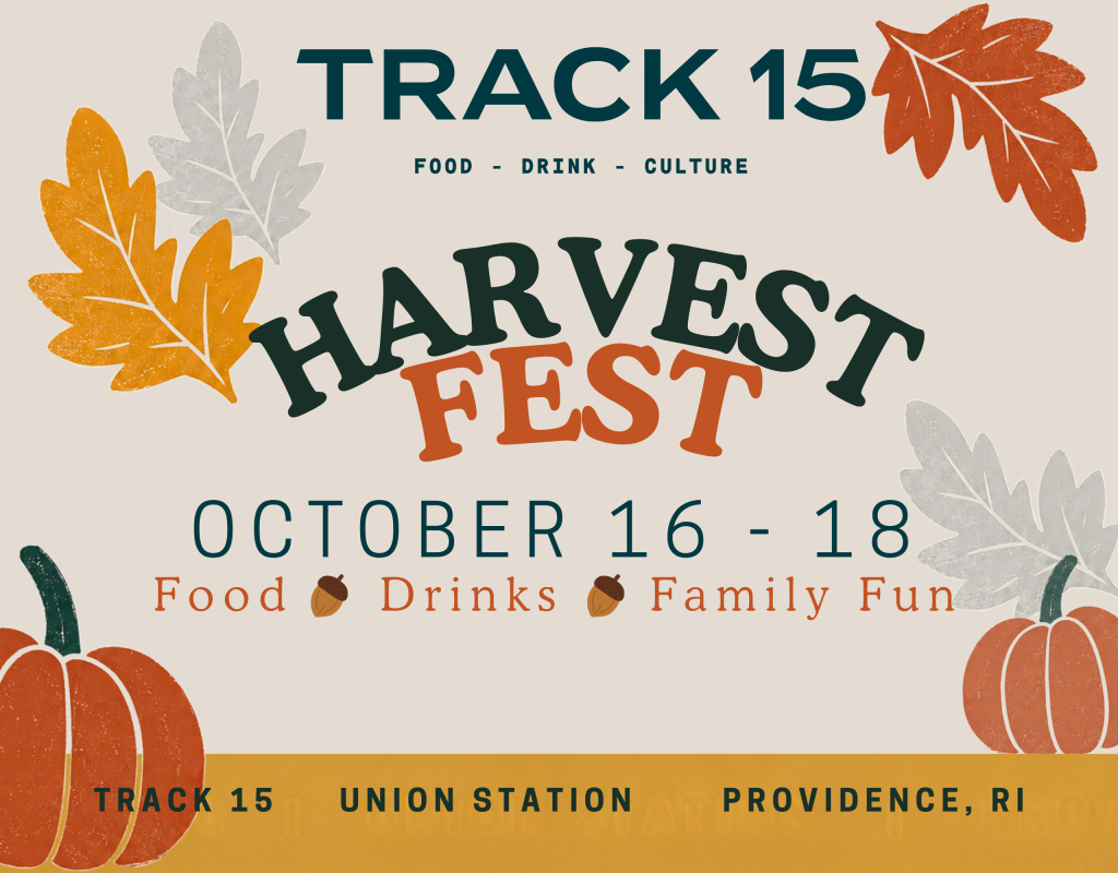 Text promotes Harvest Fest at Track 15, featuring food, drinks, and family fun from October 16-18.