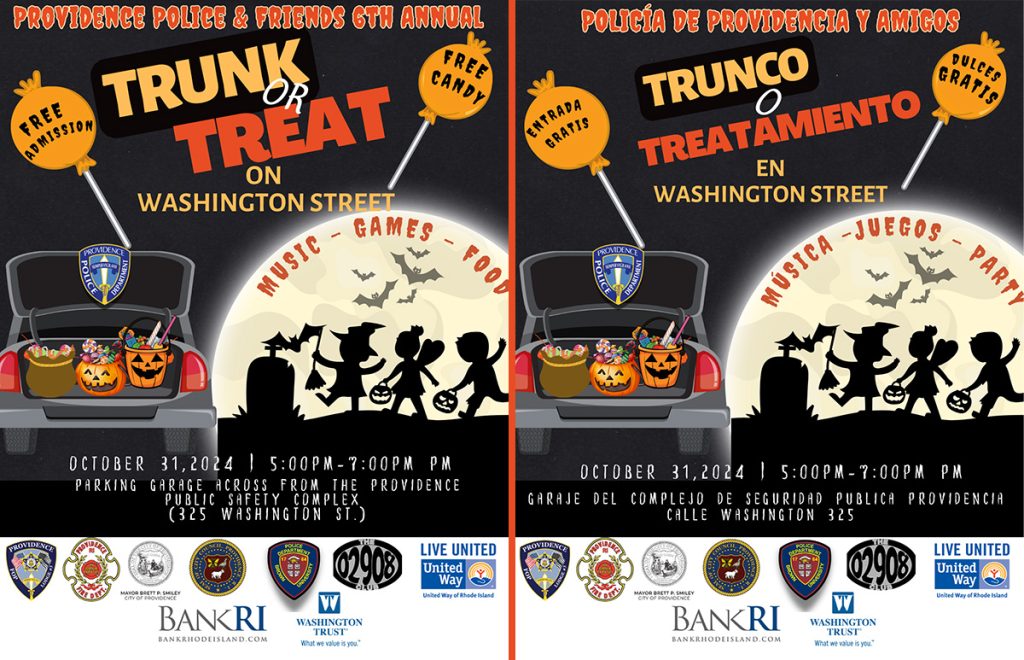 Event flyer for Providence Police's Trunk or Treat, featuring candy-filled car trunks, children in costumes, and event details.