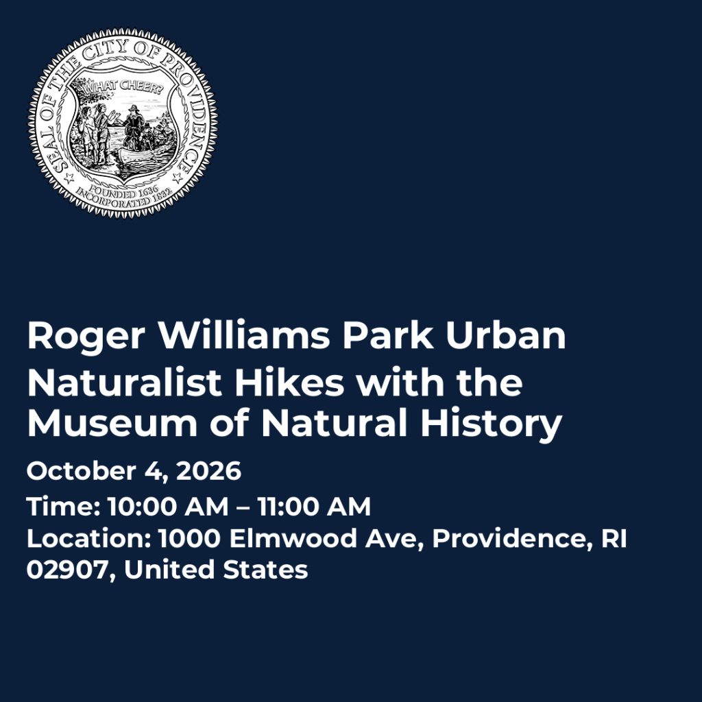 Text promoting Urban Naturalist Hikes at Roger Williams Park, scheduled for October 4, 2026, from 10:00 AM to 11:00 AM.