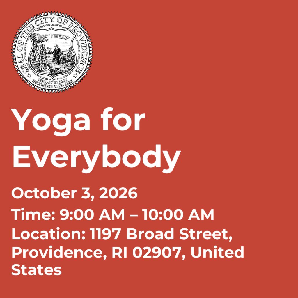 Event details for "Yoga for Everybody" on October 3, 2026, at 1197 Broad Street, Providence, RI.