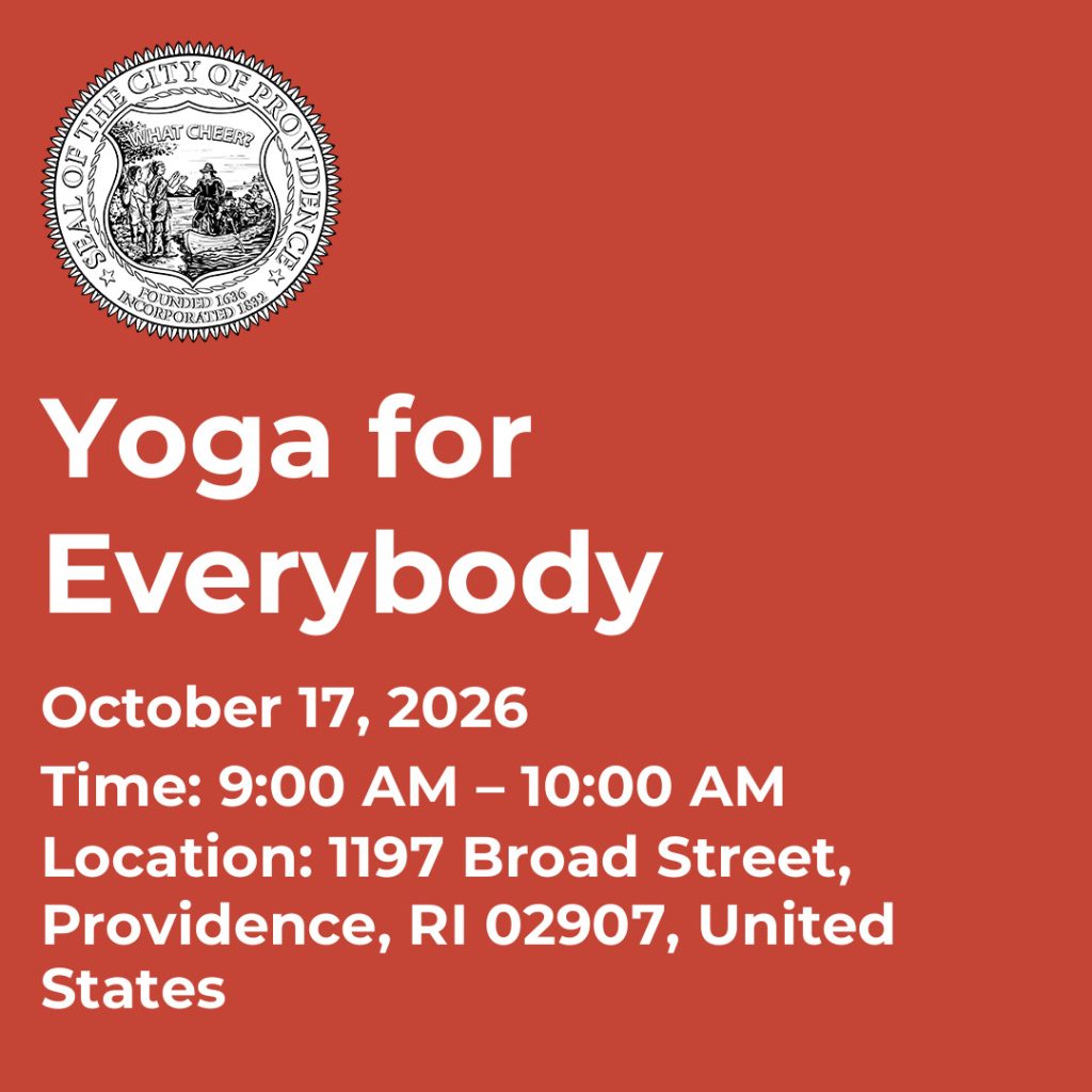 Event details for "Yoga for Everybody" on October 17, 2026, from 9:00 AM to 10:00 AM at 1197 Broad Street, Providence.