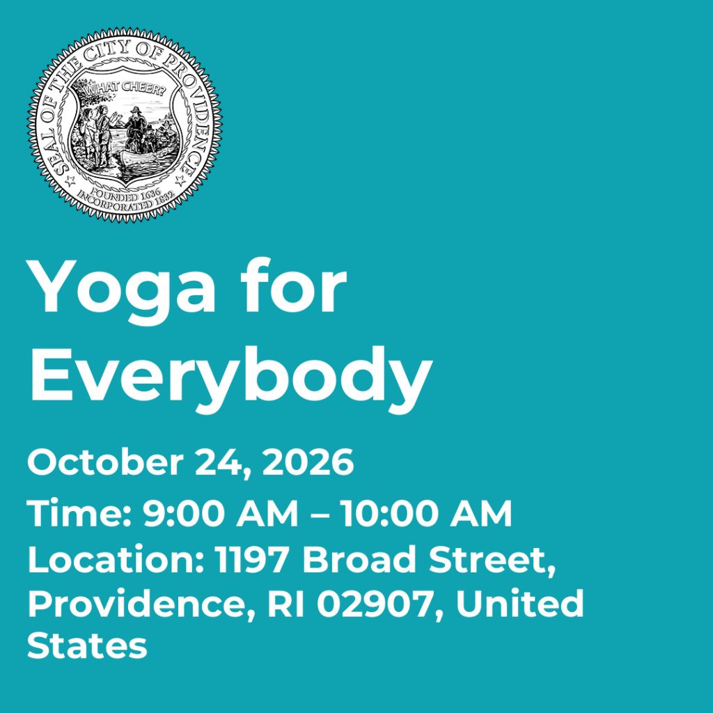 Event details for "Yoga for Everybody" on October 24, 2026, from 9:00 AM to 10:00 AM at 1197 Broad Street, Providence, RI.