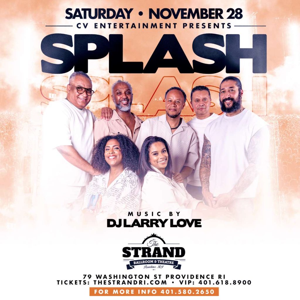 Group of seven people posing together, promoting the "Splash" event with DJ Larry Love.