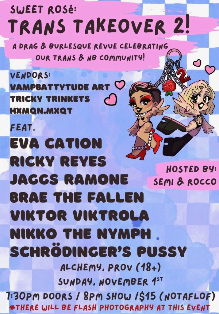 Event poster for "Trans Takeover 2," featuring performers and vendors, with details on date and location.