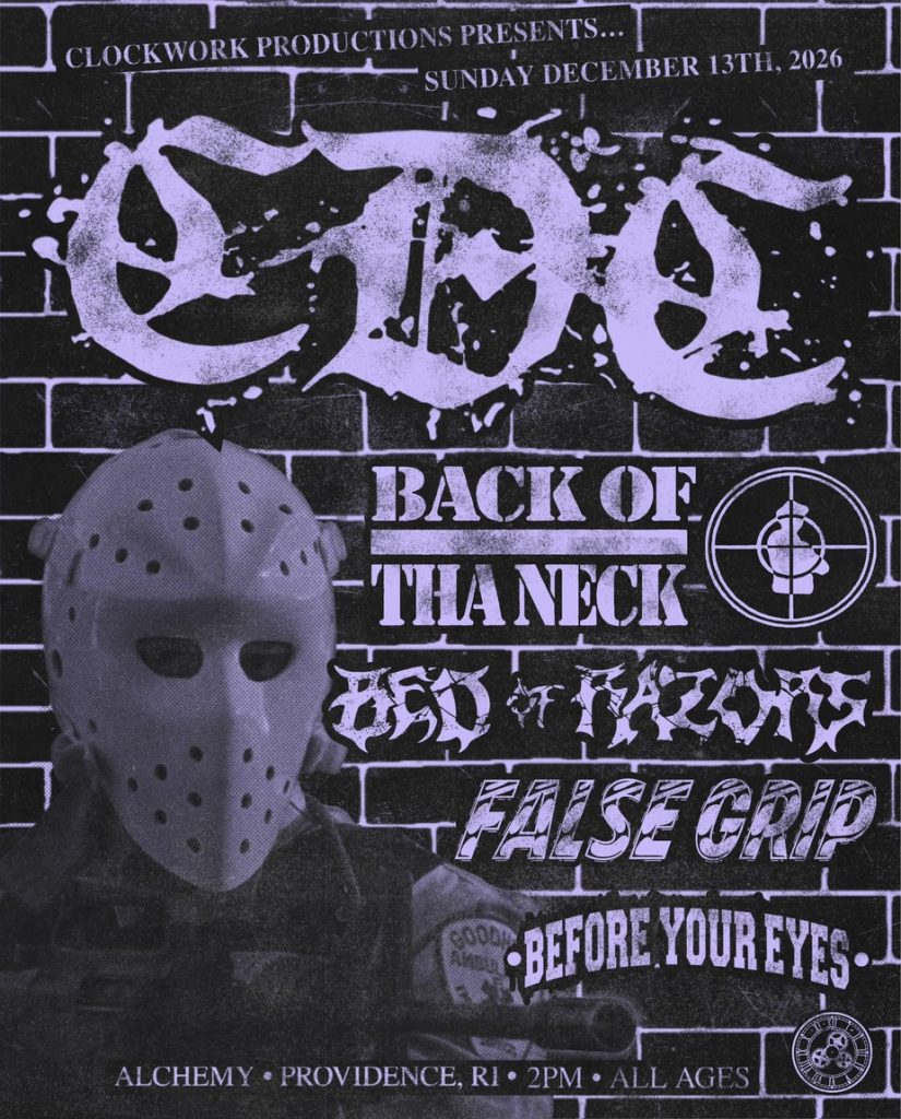 Promotional poster for a music event featuring multiple bands, with a masked figure in the foreground.